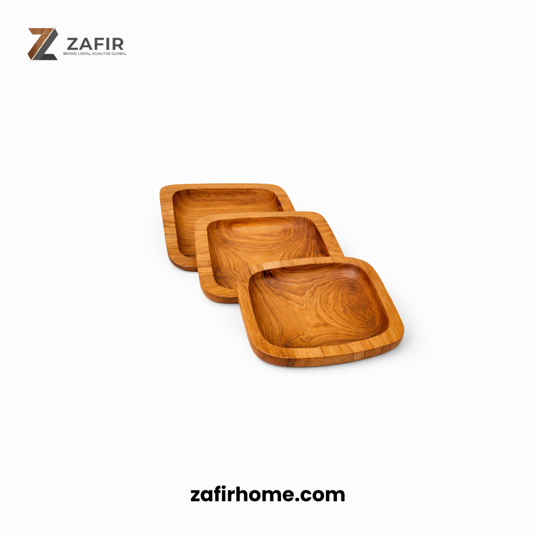 Piring Kayu Jati Kotak Food Grade Wooden Plate 20x20 cm Zafir Home